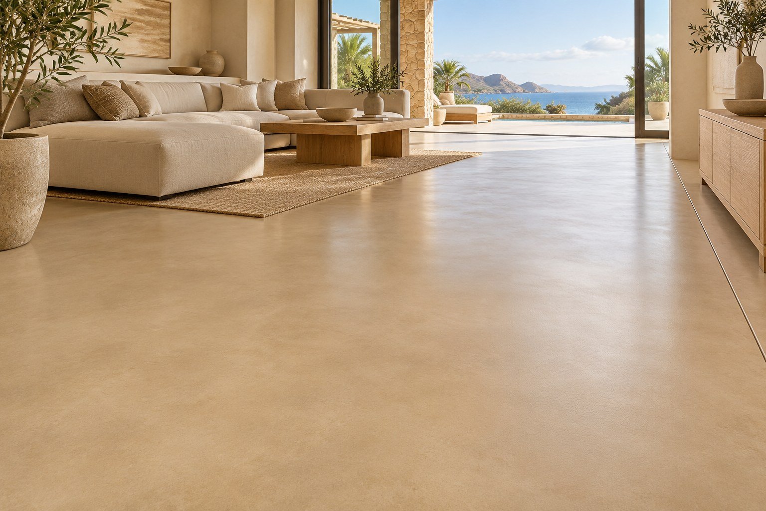 AI-generated concept of a warm sand-colored cement floor with a satin finish in a coastal interior.