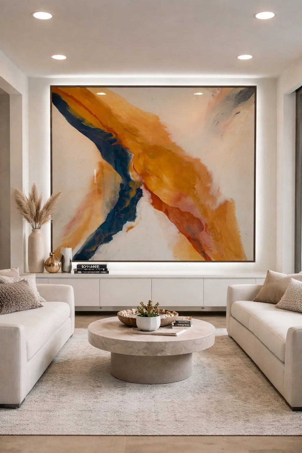 Room visualization featuring gold, terracotta and deep blue abstract wall art above white seating