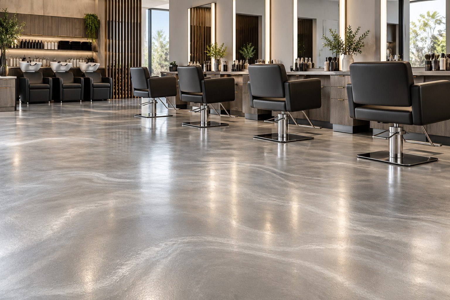 AI-generated salon interior with styling chairs and a gray metallic-style floor; not a completed installation.