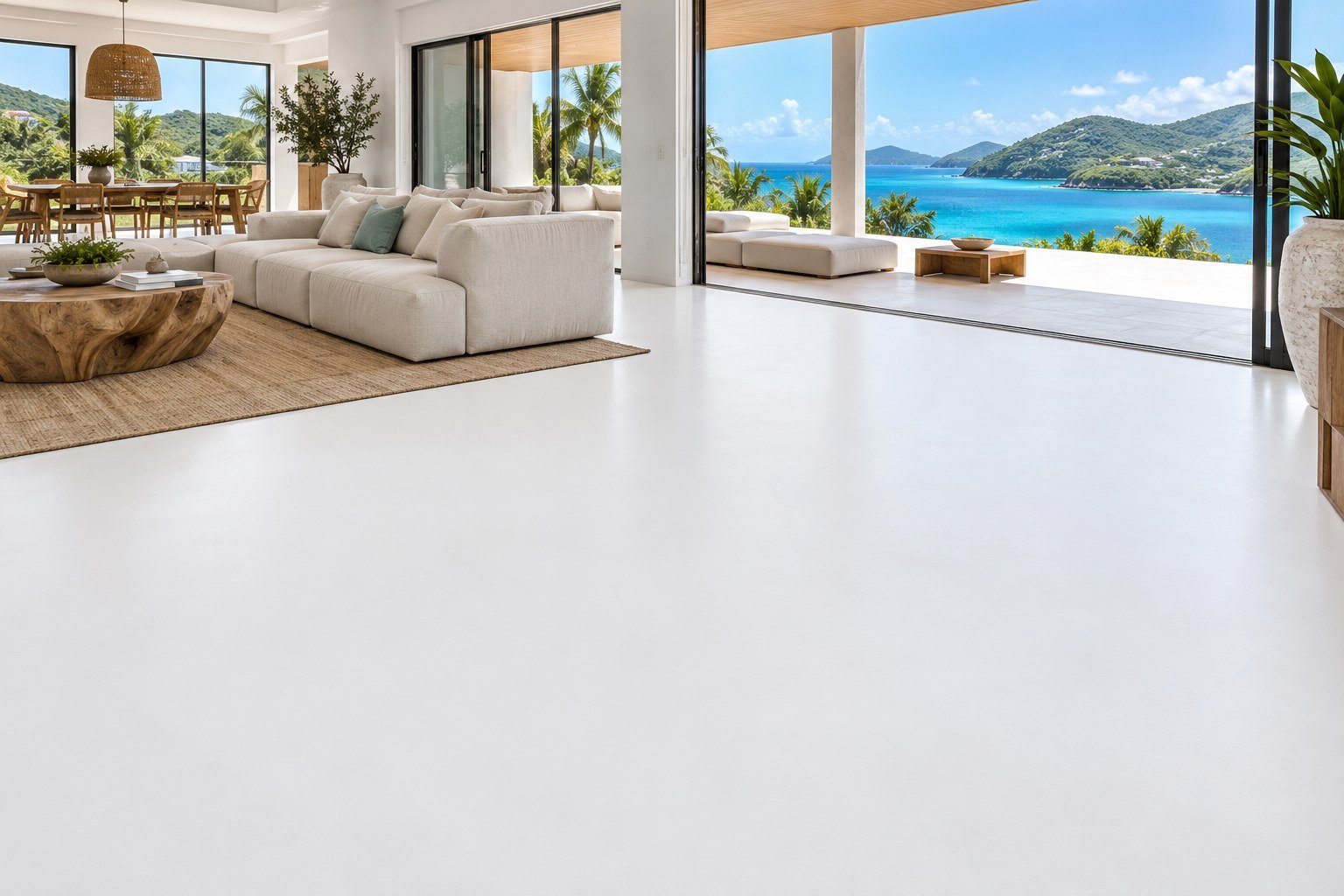 AI-generated USVI villa concept with a continuous white satin floor and Caribbean sea view; not a completed installation.